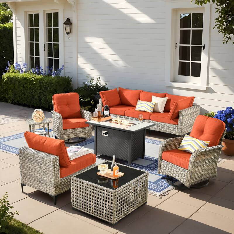 HOOOWOOO 9-piece Wicker Furniture Patio Sofa Swivel Chair Fire Pit Set - Red/Orange