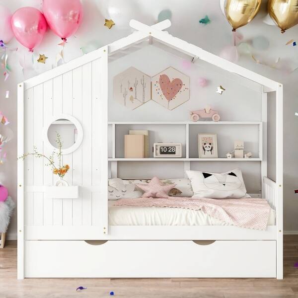 slide 2 of 36, Playhouse Design Twin Size House Wooden Bed With Trundle, Modern Design for Kids with Storage Shlef White