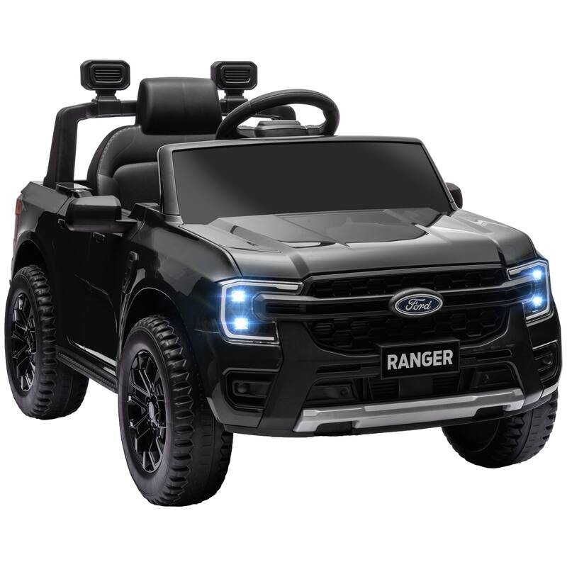 Qaba 12V Ford Ranger Licensed Kids Ride On Truck, Parental Remote Control, Toy Storage, Suspension, LED Lights, Music, Black - Black