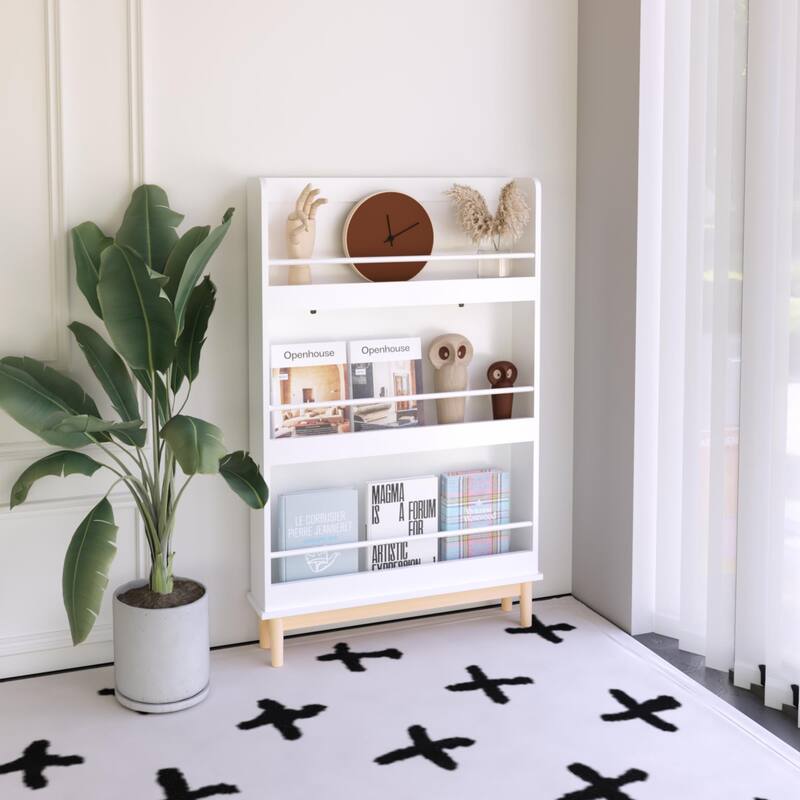 Wall Mounted Kids Bookshelf 4 Front Facing Shelves White Book Rack Natural Wood Base for Toddler Nursery Playroom