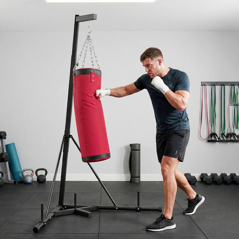 Soozier Punching Bag with Stand for Adults, 72.8"-90.9" Height Adjustable Freestanding Boxing Stand with Canvas Sandbag - Red