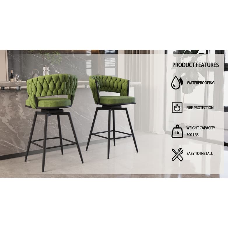 26" Bar Chair Linen Woven Bar Stool Set of 2, No Adjustable Kitchen Island Chairs, 360 Swivel Upholstered Bar Stools