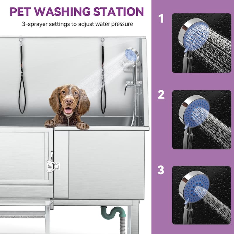 50'' W Stainless Steel Adjustable Pet Grooming Tub with Steps - Silver