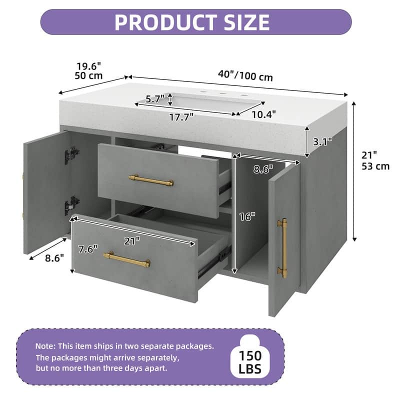 Moasis 40" Floating Bathroom Vanity with 2 Drawer and 2 Cabinet - Grey - 40"W x 21"H x 19.6"D