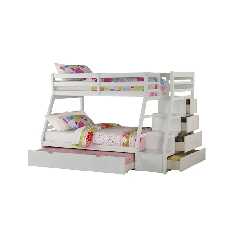 Twin over Full Wood Bunk Bed with Trundle and Built-in Storage Ladder