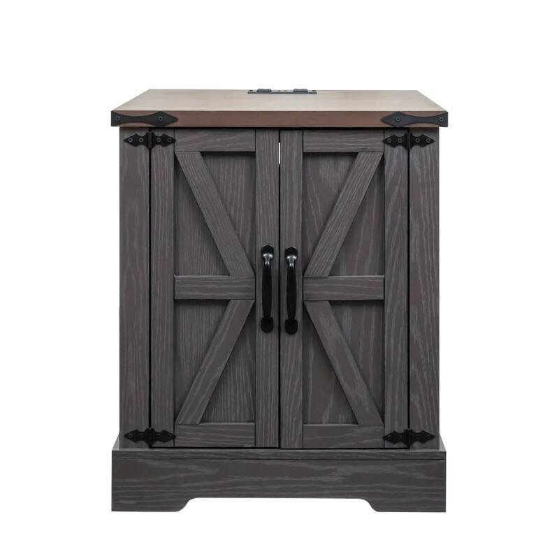 Farmhouse End Table with Charging Station, Rustic Wood Nightstand with Adjustable Shelf, 19.6"W Versatile Walnut Sofa Si