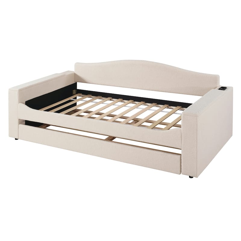 Beige Twin Size Upholstered Daybed with Storage Armrests,Trundle and Latest Integrated Bluetooth Audio System
