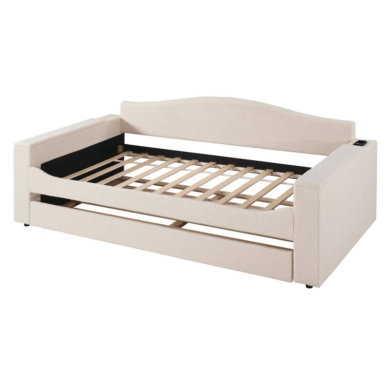 Twin Size Upholstered Daybed with Storage Armrests, Trundle and Latest Integrated Bluetooth Audio System, Teddy Fleece