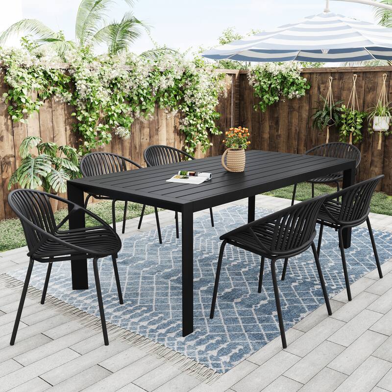 Outdoor Patio 7 Pieces Dining Table Set with 6 Stackable Chairs Modern Casual Coffee Table for Courtyard, Poolside - Black