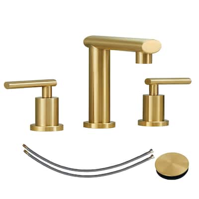 Brushed Gold 3-Hole Low-Arch 8 Inch Widespread Bathroom Faucet, Vanity Sink Faucet with Metal Pop Up Drain Assembly