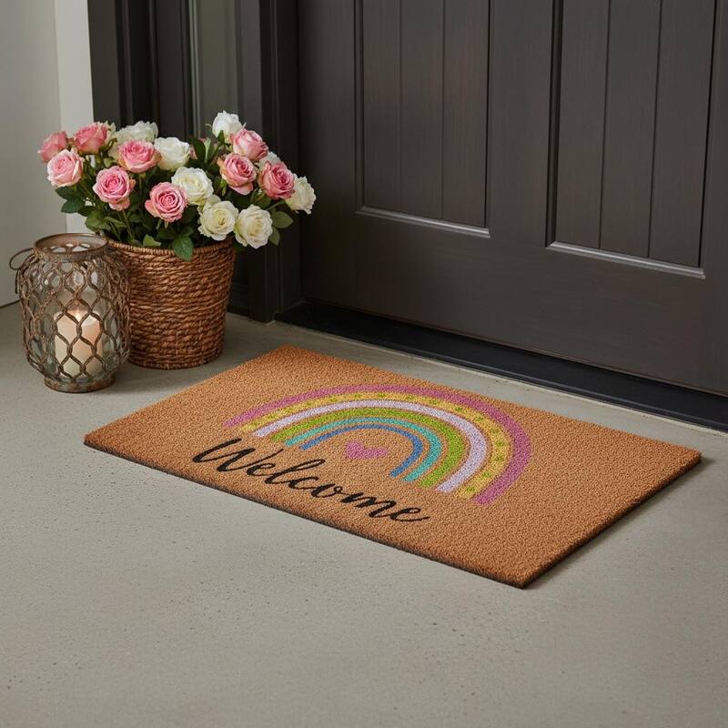 HomeRoots 17" X 29" Brown And Pink Rainbow Welcome Outdoor Coir Door Mat - 17.00' X '29.00 - 17.00' X '29.00