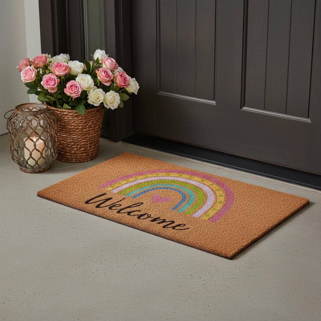 HomeRoots 17" X 29" Brown And Pink Rainbow Welcome Outdoor Coir Door Mat - 17.00' X '29.00