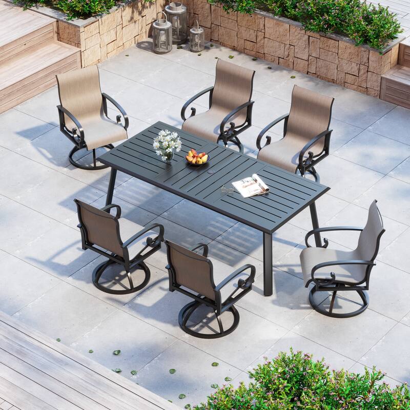 7/9PC Outdoor Patio Aluminum Dining Table with Sunbrella Swivel Dining Chairs - AUGUSTINEASHE-82.7inTable-7PC