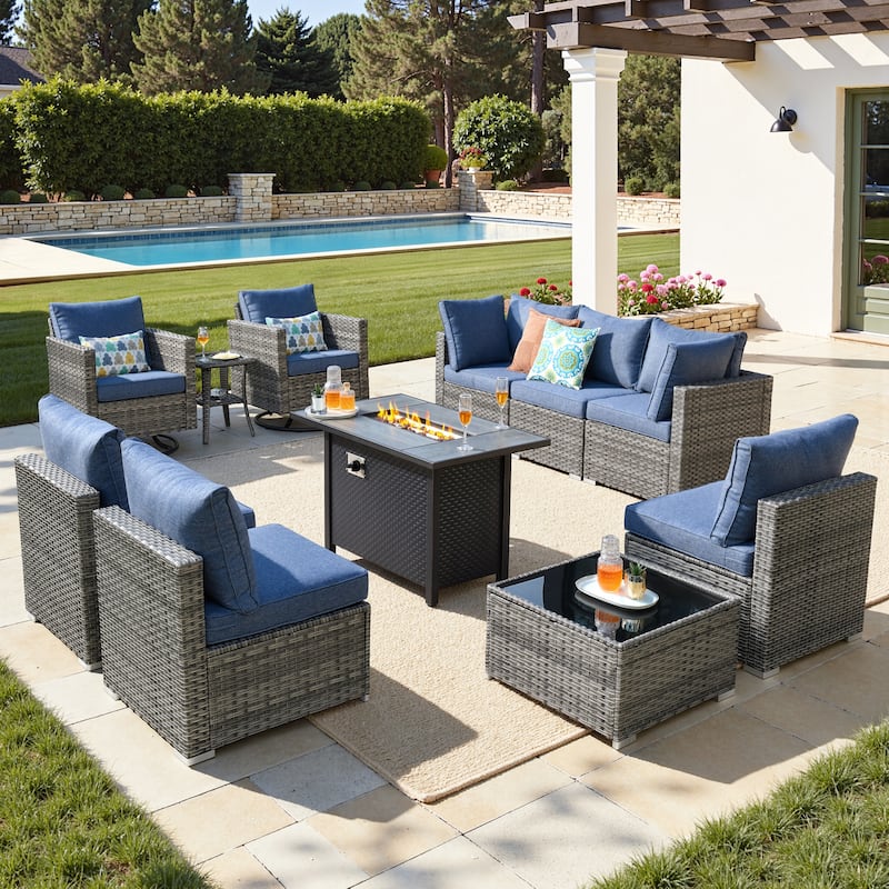 XIZZI 11-Piece Outdoor Patio Furniture Swivel Chairs Set with Fire Table - Denim Blue