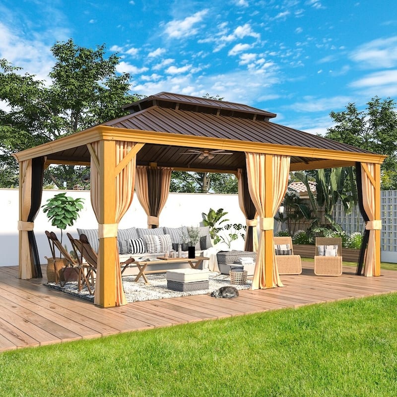 Outdoor Hardtop Gazebo with Galvanized Steel Double Roof & Aluminum Frame, Outdoor pergola with Premium Curtains and Nettings - 12*18 - Wood Grain