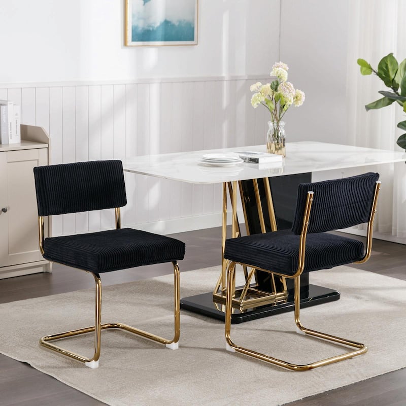 Modern Corduroy Dining Chairs - Gold Metal Base - Armless - Channel Tufting - Set of 2