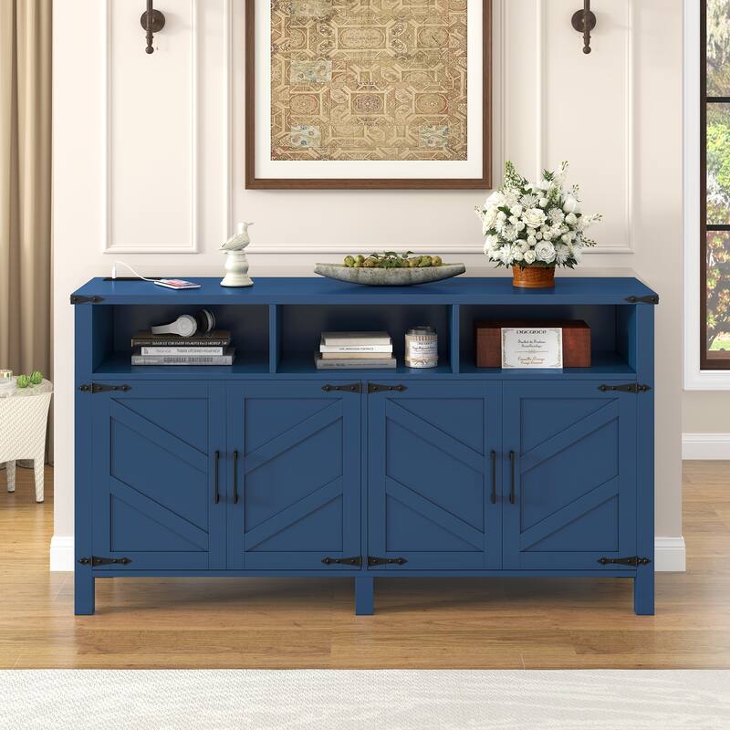 4-Door Wooden Sideboard, Buffet Cabinet with Power Outlets & USB Ports, Storage Cabinet with Adjustable Shelves & Open Shelves
