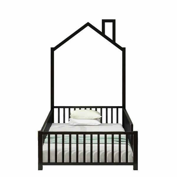 slide 2 of 16, Black Metal House Platform Bed with Guardrail and Chimney Twin