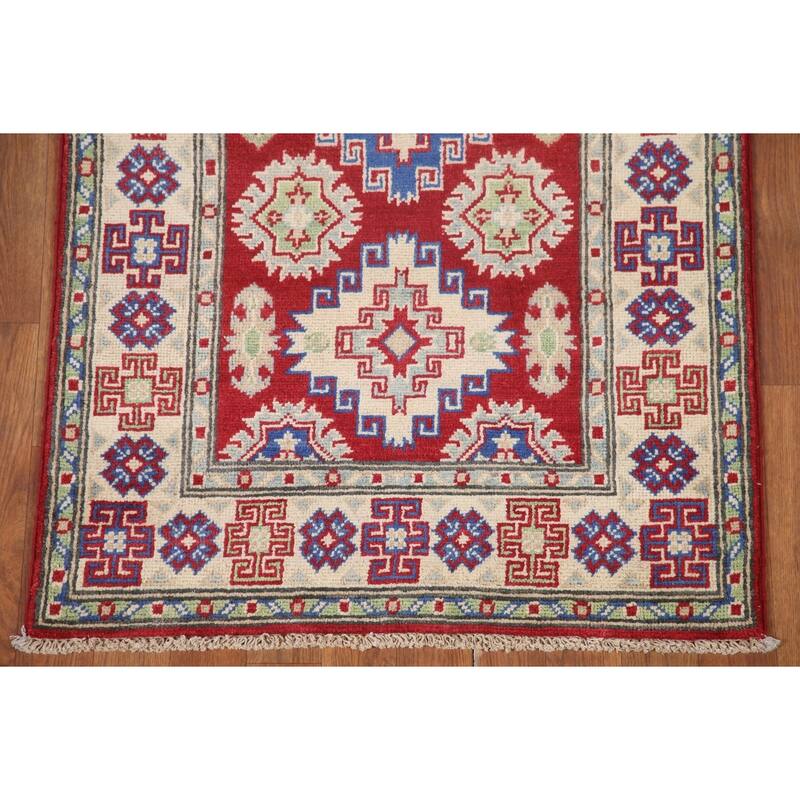 Hand Knotted Oriental 100% Wool Carpet Traditional Geometric Red Kazak Runner Rug - 8' 7'' X 2' 8''