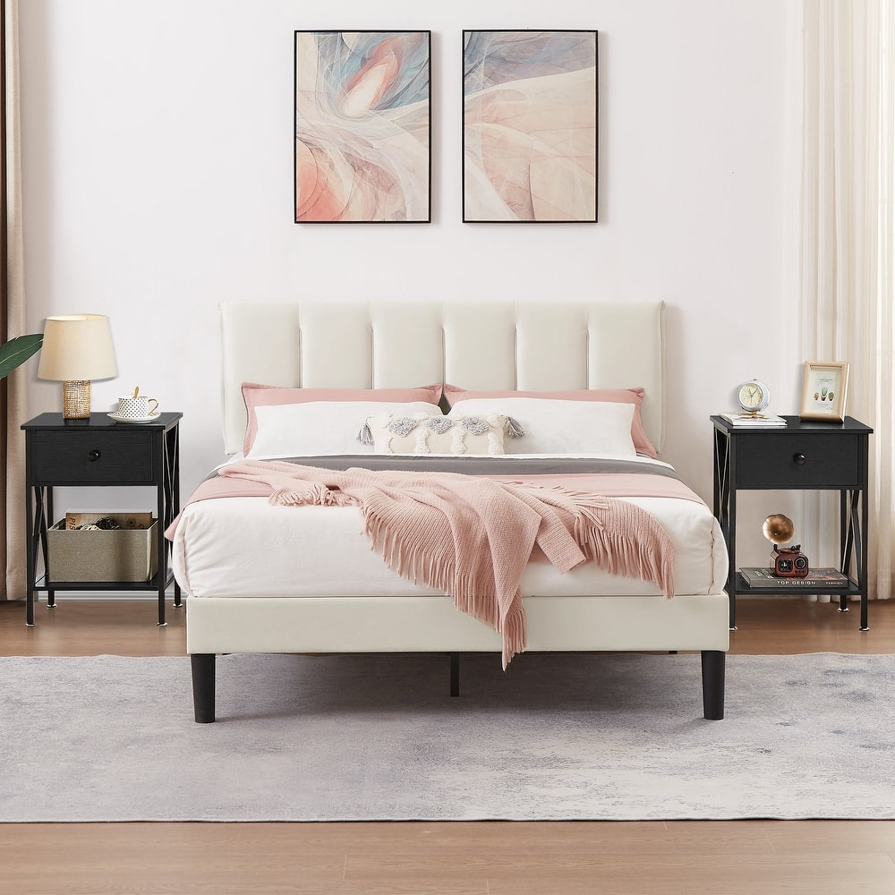 VECELO 3-Pieces Tufted Upholstered Beige Platform Bed Frame with Adjustable Height Headboard and Nightstands Set of 2