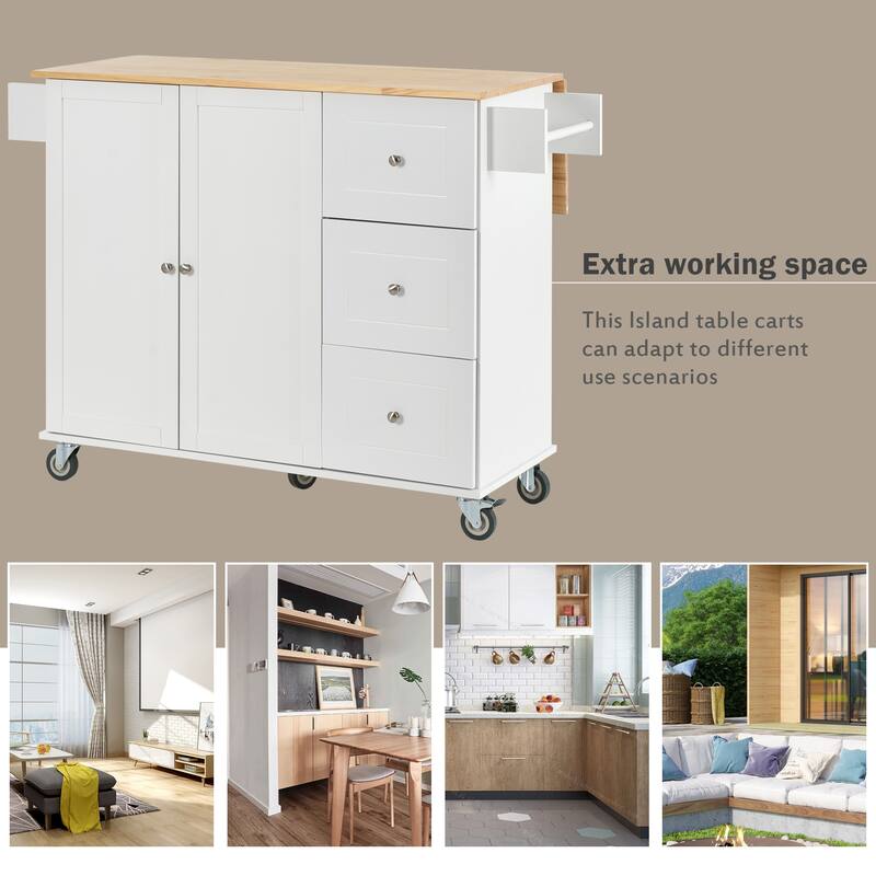 Solid Wood Top Drop Leaf Kitchen Island on Wheels, Rolling Kitchen Cart with Storage Cabinet, Drawers, Spice Rack and Towel Rack