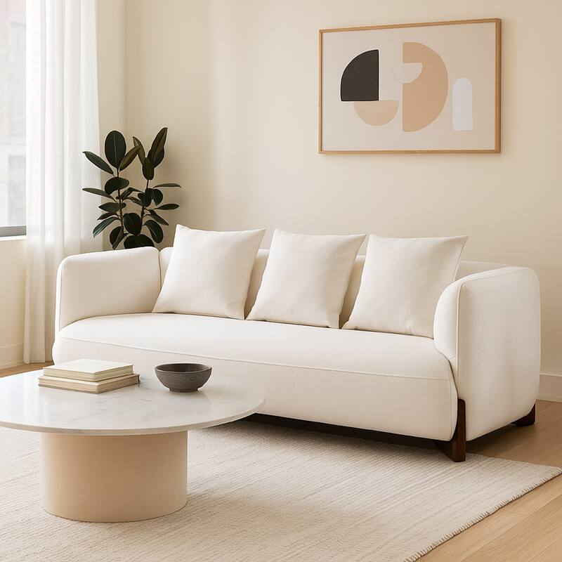Kiol Sofa, 3 Accent Pillows, White Padded Polyester Seating, 88 Inch
