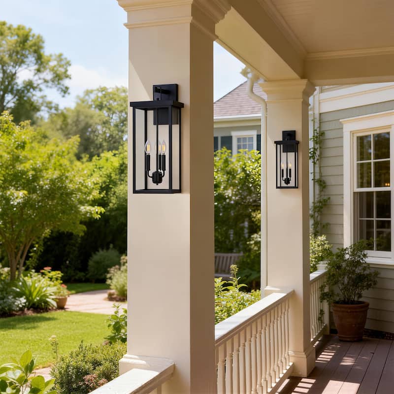 3-light Metal Outdoor Wall Sconce Candle Bulb Lantern(2-pack) - Black - Large
