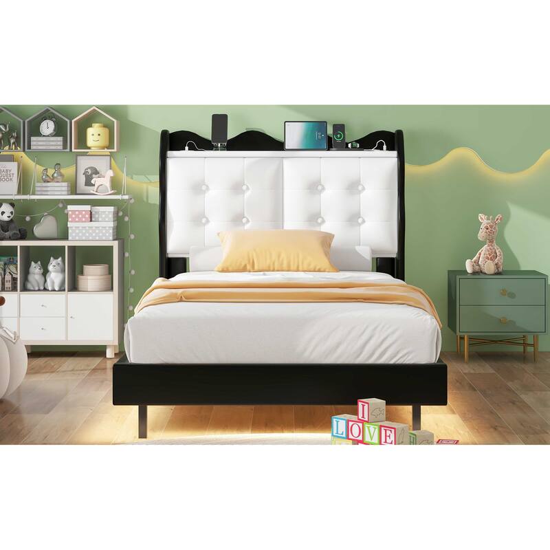 Twin Size Platform Bed with Storage Headboard, LED Lights & USB Charging