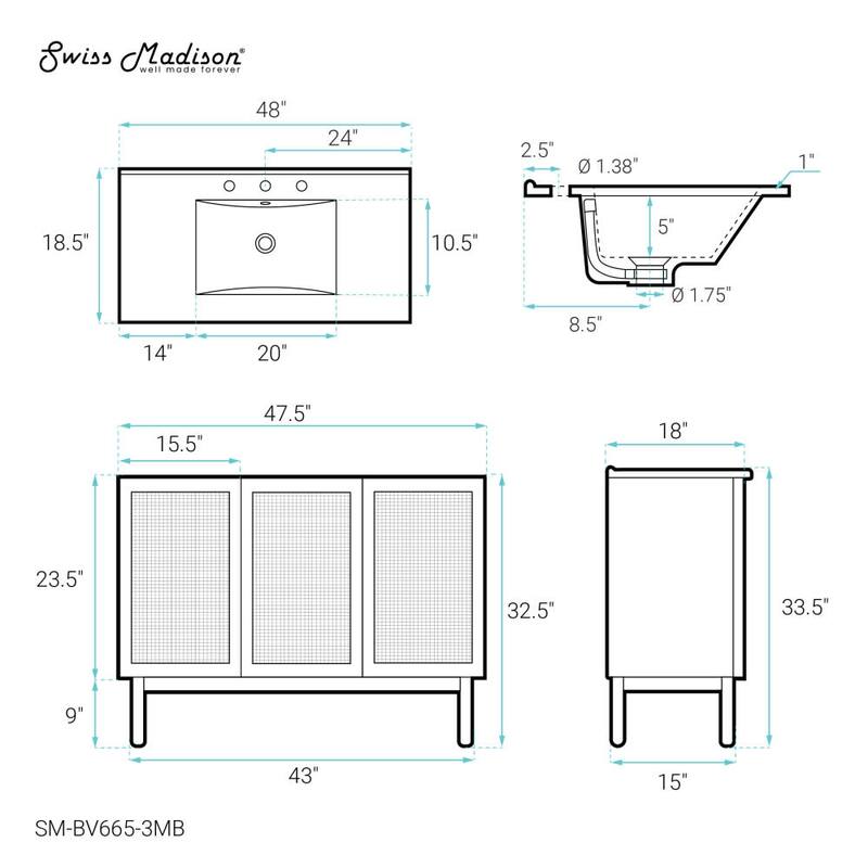Swiss Madison SM-BV665-3MB Classe 48" Free Standing Single Basin