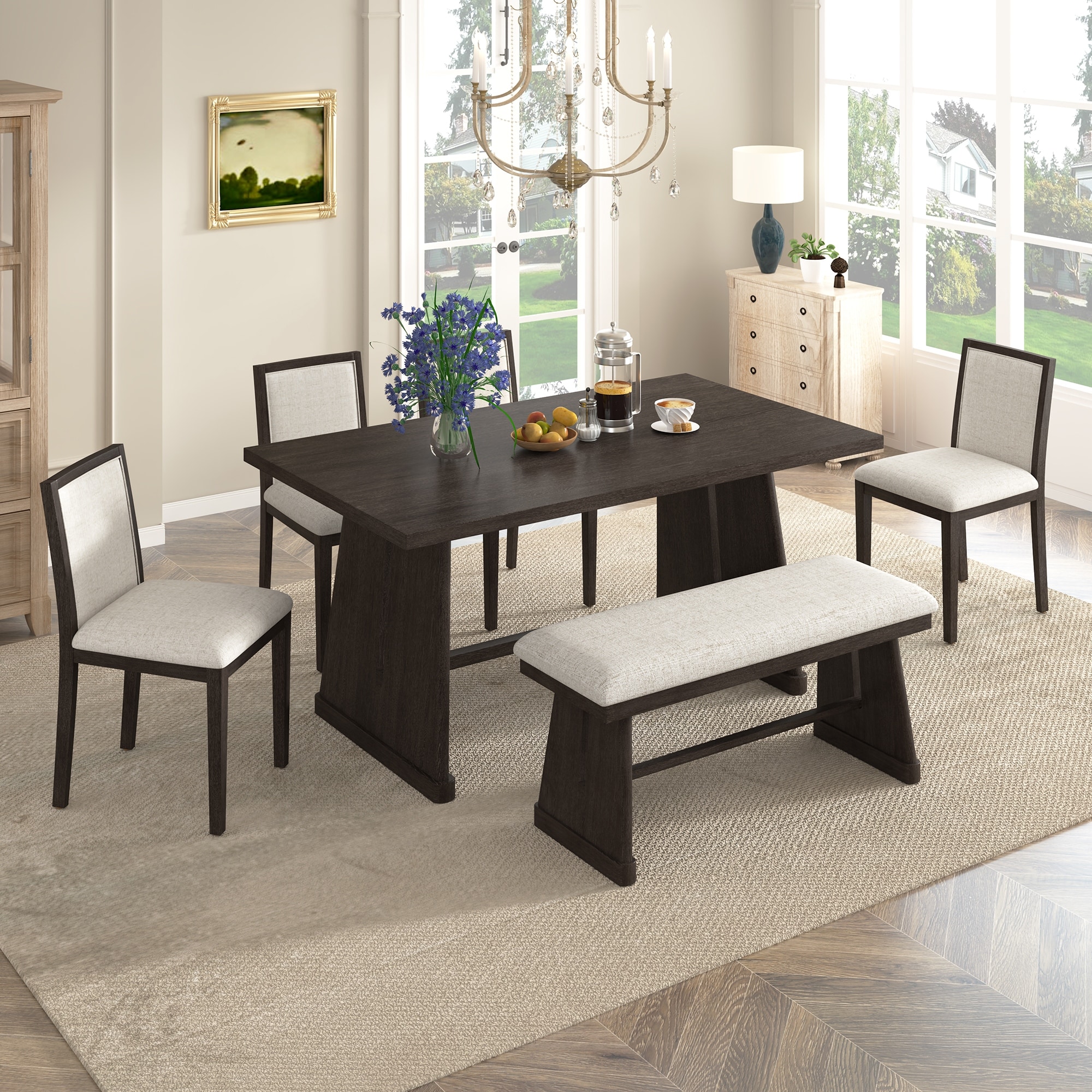 6-Piece Espresso Dining Table Set with Rectangular Table & Chairs