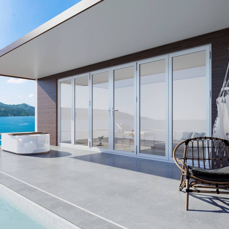 KaMic 192"×80" 6 Panels Aluminum Folding Door In White,Folded Out From Dual Open Model #:FD6PWH19280-DO