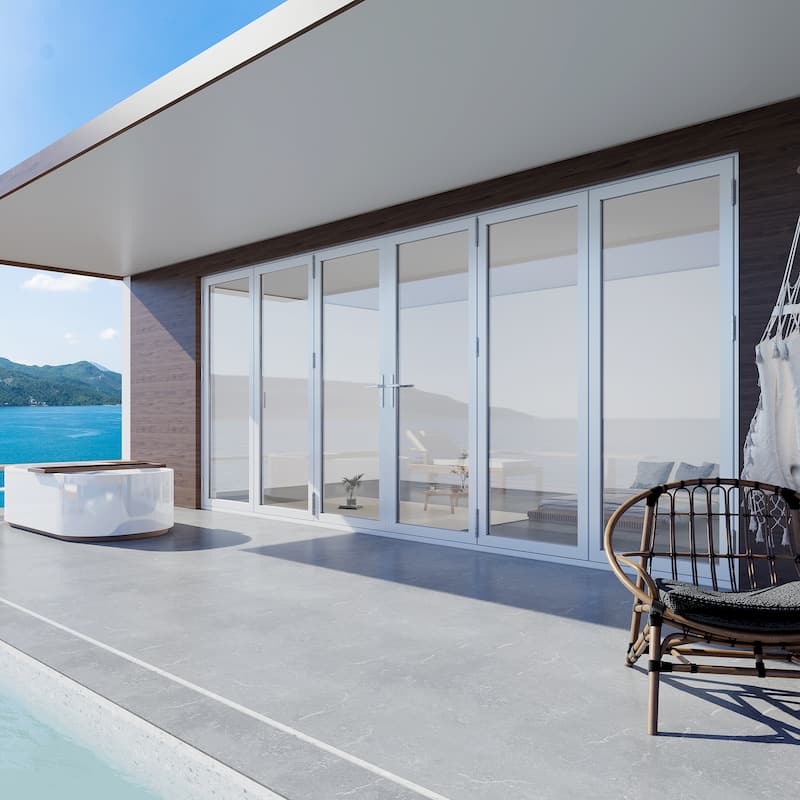 KaMic 192"×96" 6 Panels Aluminum Folding Door In White,Folded Out From Dual Open Model #:FD6PWH19296-DO