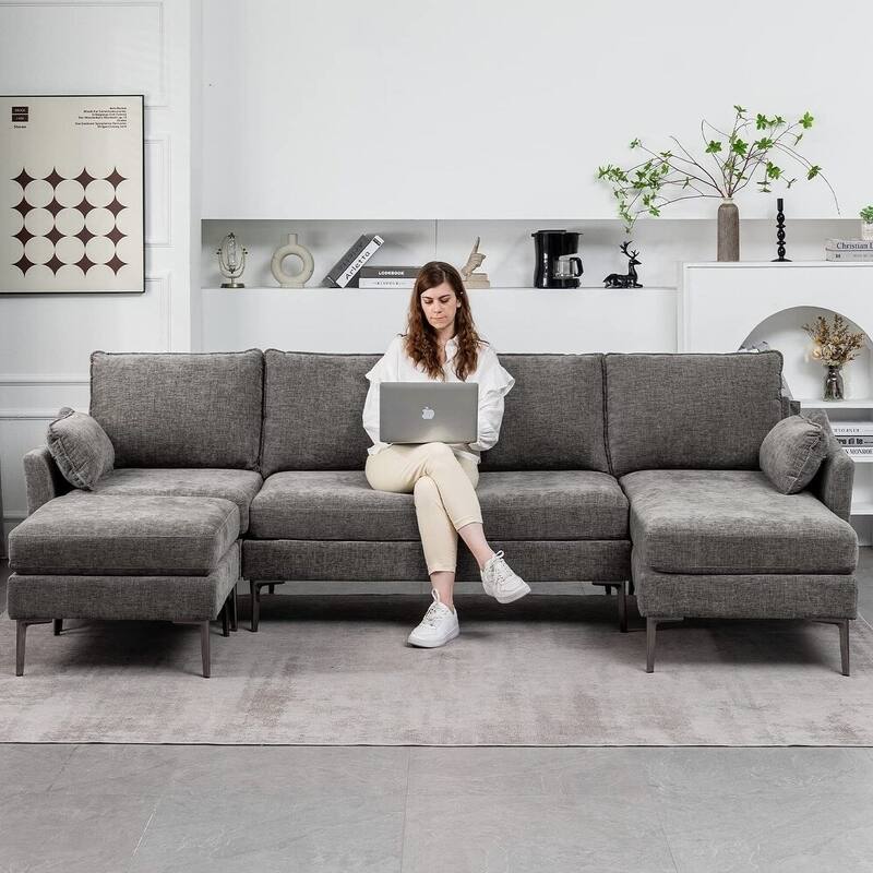 Modern Chenille Sectional Sofa with Reversible Chaise and Ottoman, Perfect for Living Rooms with Sleeper Function