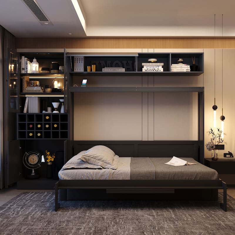 Full Size MDF Murphy Bed with Sofa, Shelves, USB Ports and LED Lighting