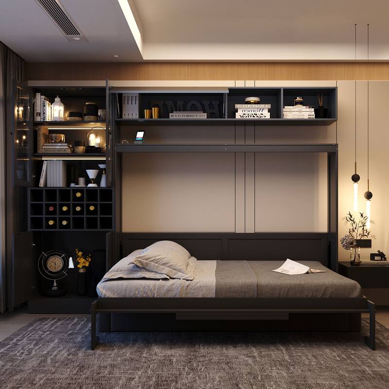 Space-Saving Full Size Murphy Bed with Sofa, Shelves, USB & Light in Gray