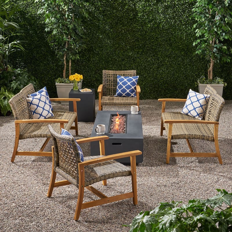 Augusta Outdoor Acacia Wood and Wicker 6 Seater Chat Set with Fire Pit by Christopher Knight Home - Gray+Natural Finish+Dark Gray
