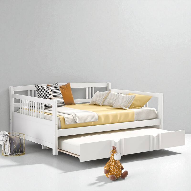Twin/Full Size Wood Daybed with Twin Trundle, Sofa Bed Frame with Rails and Pull-Out Guest Bed - White - Full