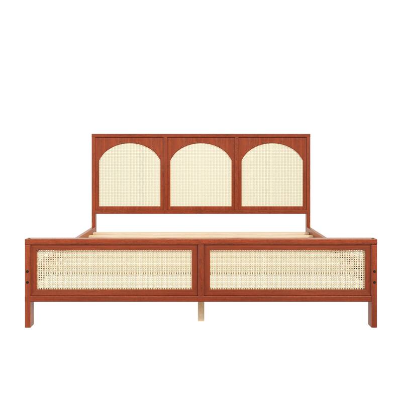 Roomfitters Queen/King Wood Platform Bed with Rattan Headboard and Footboard