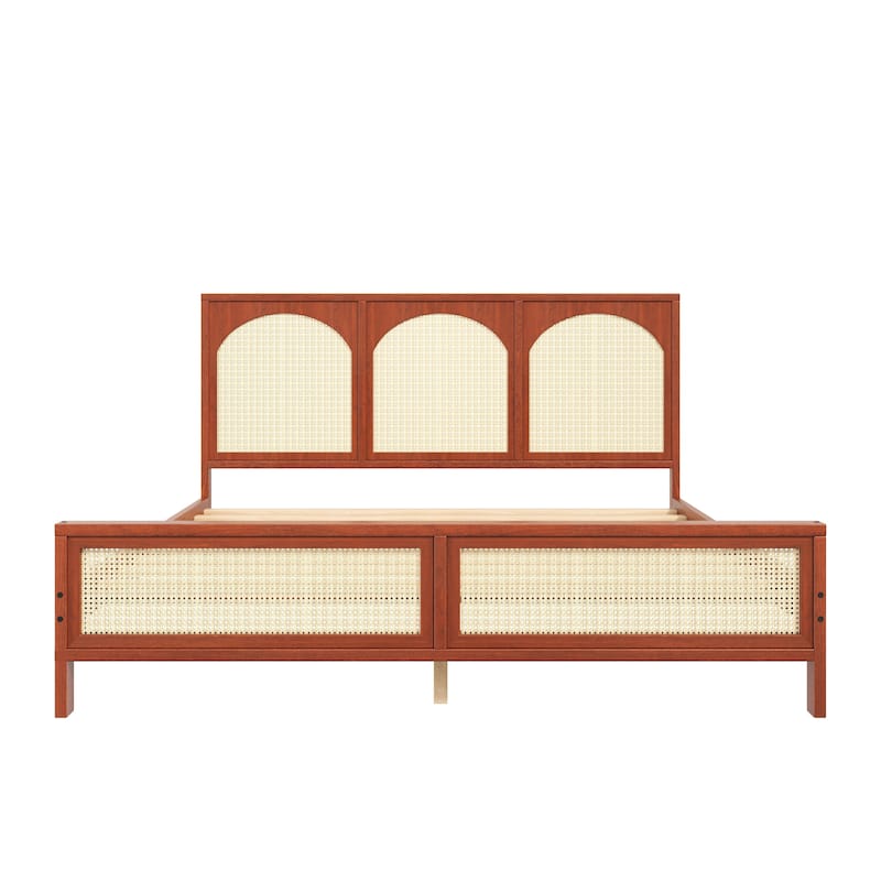 Wood Platform Bed Frame with Rattan Decorations Headboard & Footboard, Slat Support System, No Box Spring Needed, Easy Assembly