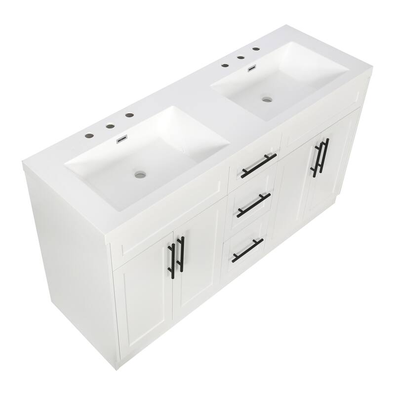 59" Double Sink Bathroom Vanity with SMC Top, Solid Wood Frame & Soft Close Doors, Gray Storage Cabinet