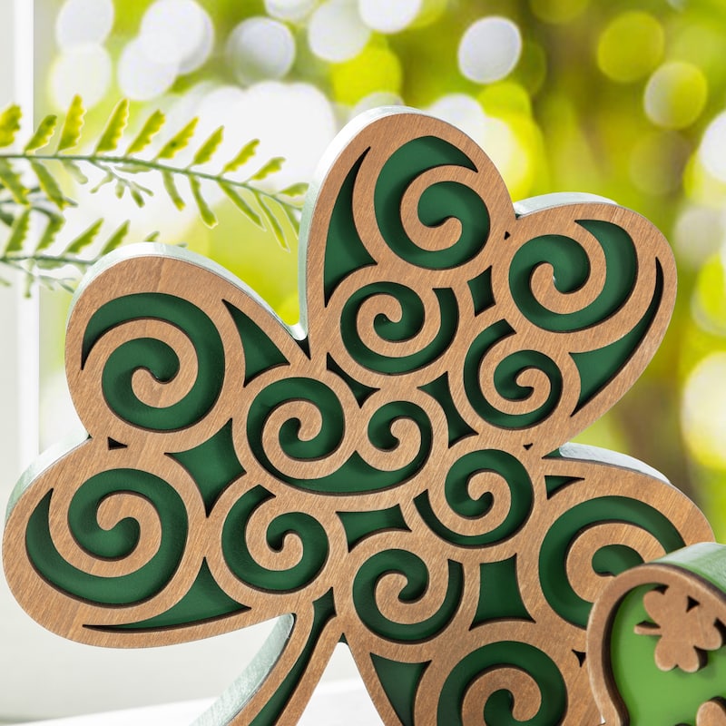 Glitzhome Set of 2 St. Patrick's Wooden Shamrock Table Decor