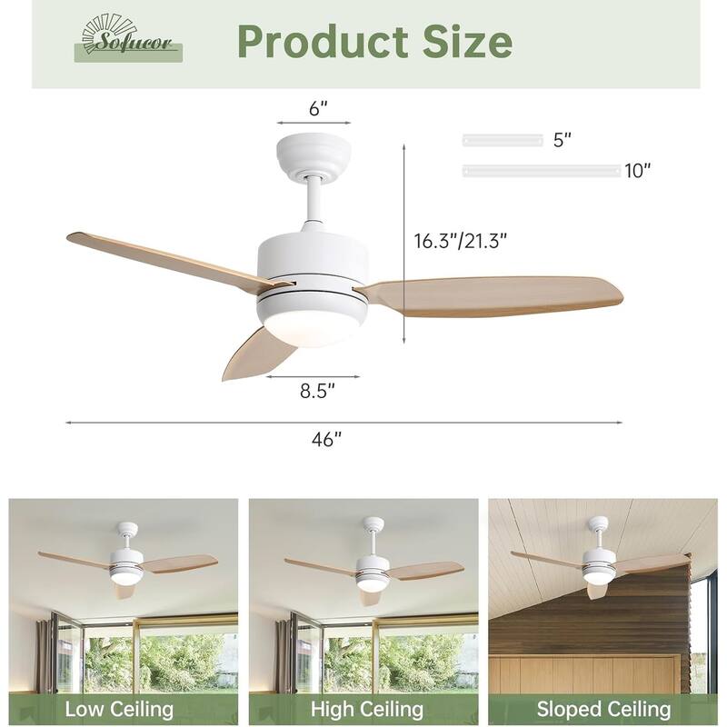 Sofucor 46''/47'' Strong Airflow High CFM Ceiling Fans with Lights and Remote Bedroom Noiseless ETL Fans