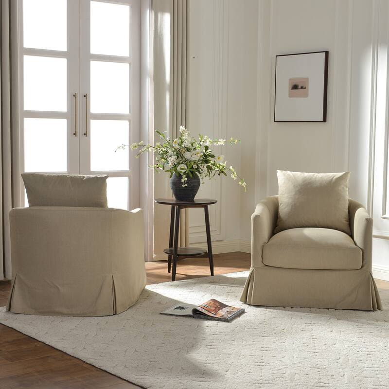 KINWELL 32" W Down Fill Upholstered Slipcovered Swivel Barrel Accent Armchair