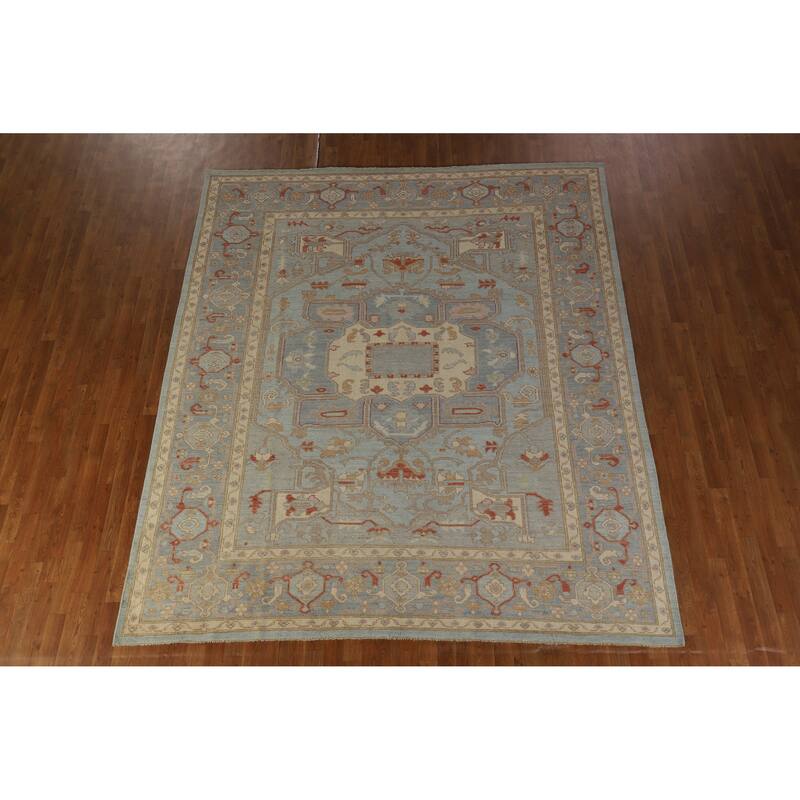Hand Knotted Oriental 100% Wool Carpet Transitional Medallion Navy Blue & Blues Oushak Area Rug - 9' 10'' X 8' 5''