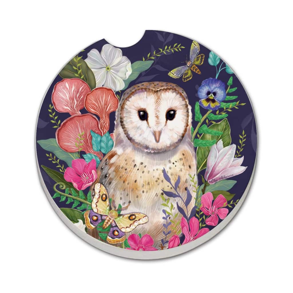 Barn Owl 2 Pack Absorbent Stone Coaster for Vehicle Cup Holder 2.6” Diameter Manufactured in The USA
