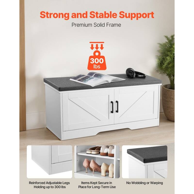 White Entryway Shoe Bench with Black Seat Cushion and 4 Compartment Adjustable Storage for 36 Pairs - 39.4" x 14" x 18.1"