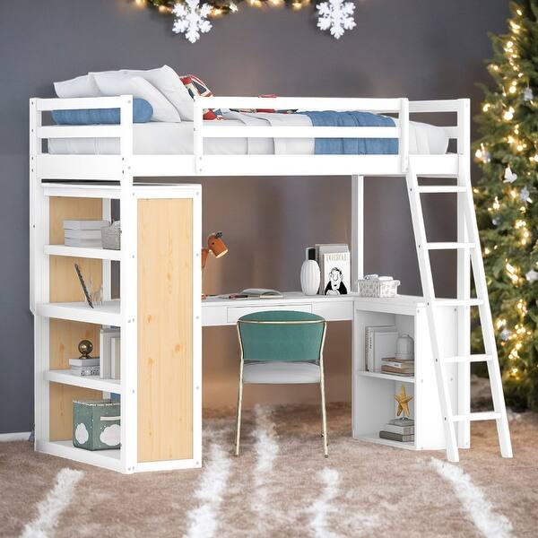 slide 2 of 25, Multi-Functional Twin Size Loft Bed with Ladder, Shelves and Desk, Space-saving, Health and Comfort, Sturdy Construction, White White