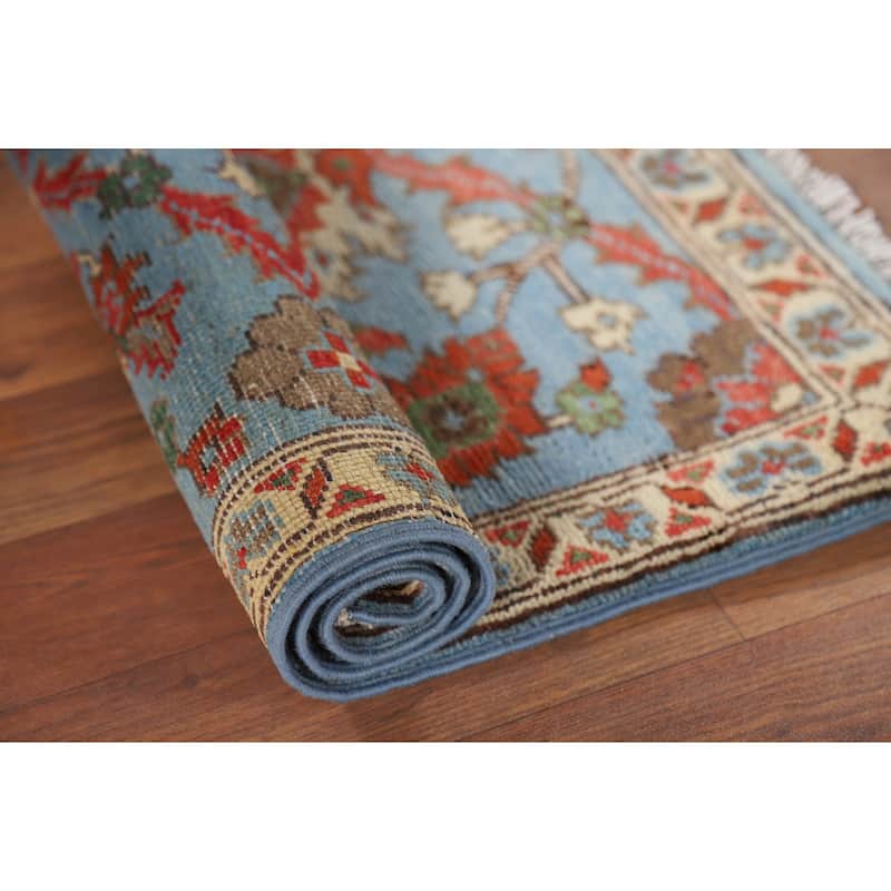 Light Blue Kazak Oriental Foyer Rug Hand-Knotted Floral Wool Carpet - 2'0" x 2'11"