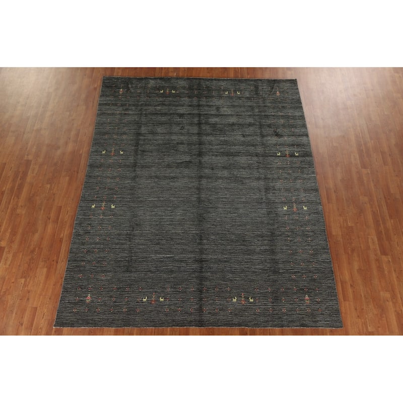 Gabbeh Indian Area Rug Hand-Knotted Grey Wool Carpet - 7'10"x 9'11"
