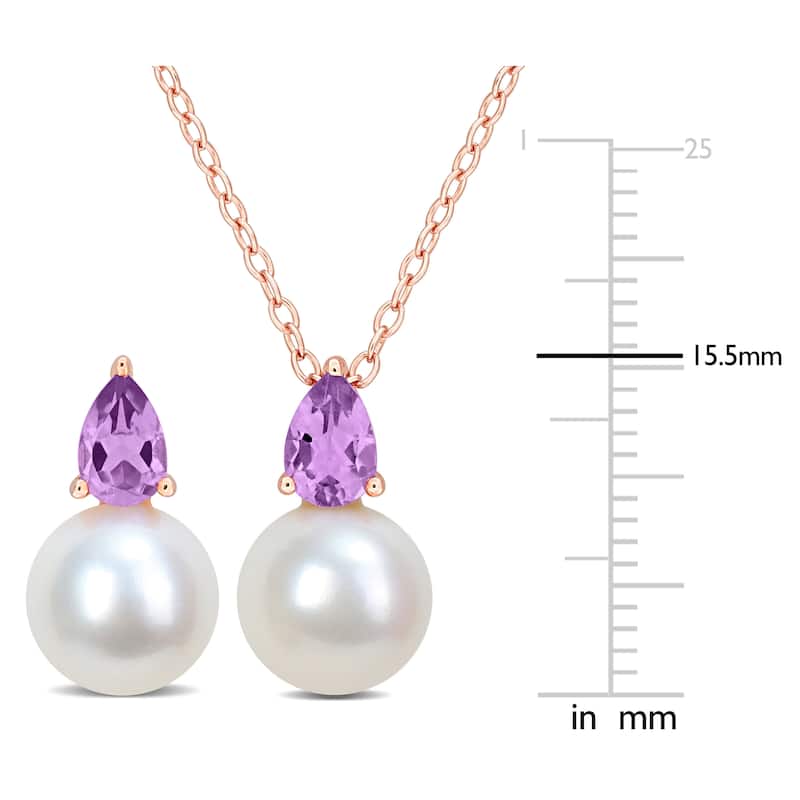 Miadora Cultured Freshwater Pearl 1ct TGW Amethyst Pendant Chain Earrings Set Rose Silver